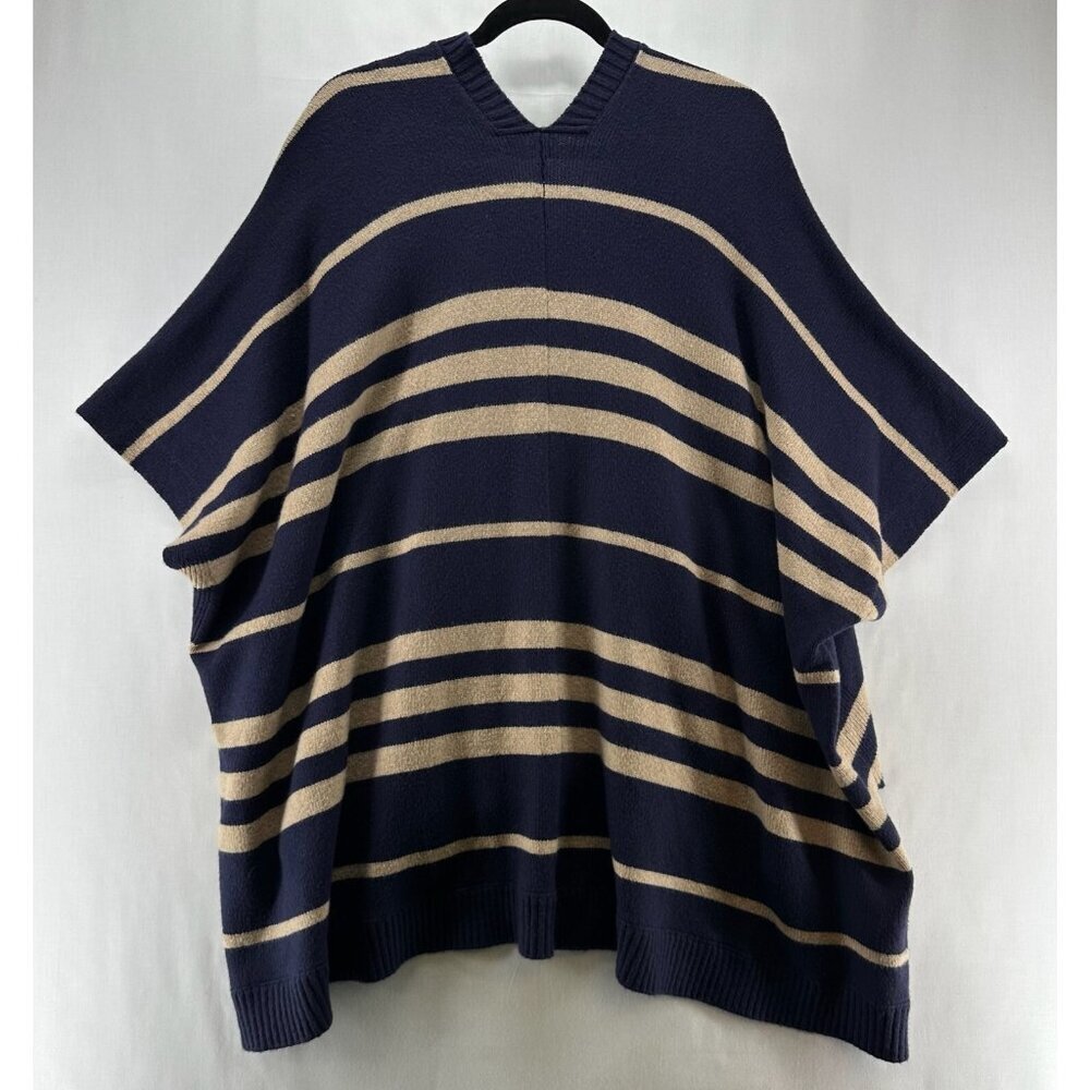GAP Sweater Womens OS Striped Poncho Wool Camel Hair Cardigan Open Front Blue - Picture 3 of 10